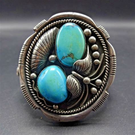 SIGNED Vintage Navajo Sterling Silver Easter Blue Turquoise Cuff Tu