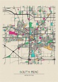 South Bend, Indiana City Map Drawing by Inspirowl Design