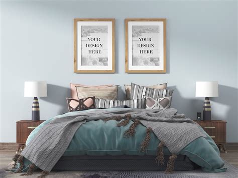 Premium Psd Wooden Wall Frames In A Bedroom With Comfortable Bed