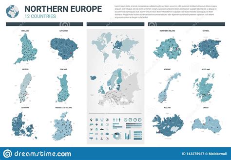 Vector Maps Set High Detailed 12 Maps Of Northern Europe Countries