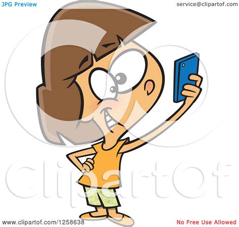 clipart of a cartoon caucasian girl taking a selfie with her cell phone royalty free vector