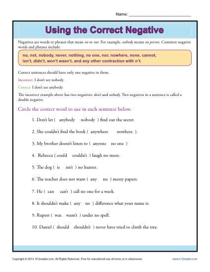 5th Grade Double Negatives Worksheet