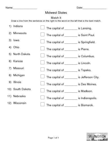 States And Capitals Matching Worksheet Capitals Of The Midwest States Worksheet For Rd Th