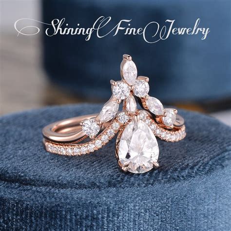 Pear Shaped Moissanite Engagement Ring Set Rose Gold Bridal Etsy