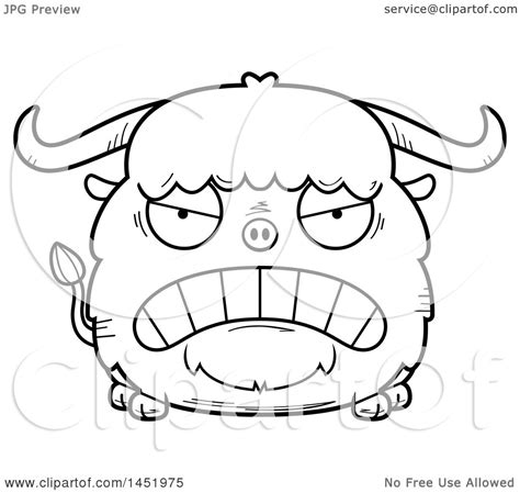 Clipart Graphic Of A Cartoon Black And White Lineart Mad Ox Character