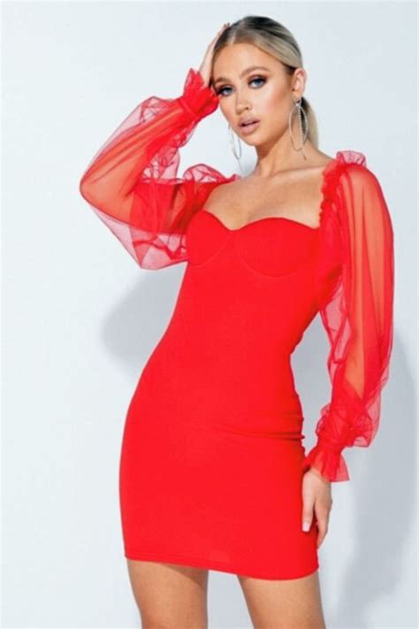 Sheer Sleeve Bustier Detail Red Bodycon Mini Dress Fiery Red Dress