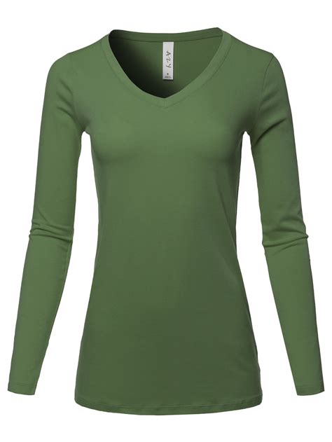 A2y Womens Basic Solid Soft Cotton Long Sleeve V Neck Top T Shirt Army