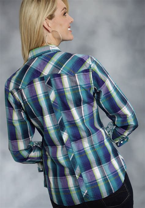 Roper® Womens Turquoise Blue Plaid Long Sleeve Snap Western Shirt