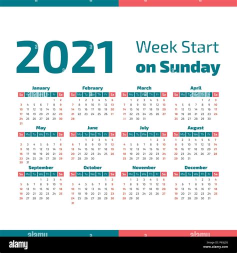 Simple 2021 Year Calendar Week Starts On Sunday Stock Vector Image Images