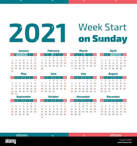 Simple 2021 Year Calendar Week Starts On Sunday Stock Vector Image