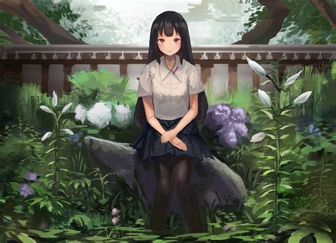 Download 2065x1499 Anime Girl Garden Flowers Long Black