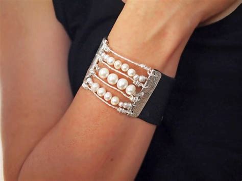White Pearl Cuff Bracelet Wide Black Leather And Textured Sterling Silver Bands Modern Sexy