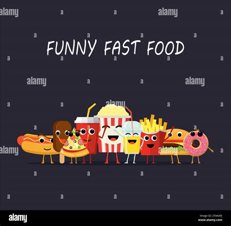 Funny Fast Food Characters Isolated On Dark Background Happy Smile