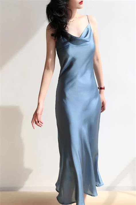 Dusty Blue Silk Cowl Neck Midi Slip Dress Annacustomdress Satin