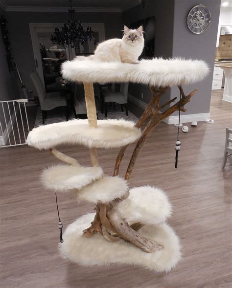 53 Custom Driftwood Tree With White Faux Fur Custom Cat Trees Cat