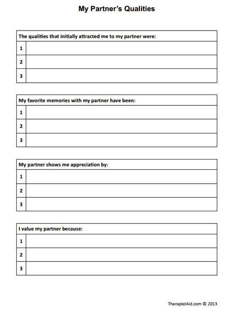 My Partners Qualities Relationship Worksheets Relationship Therapy