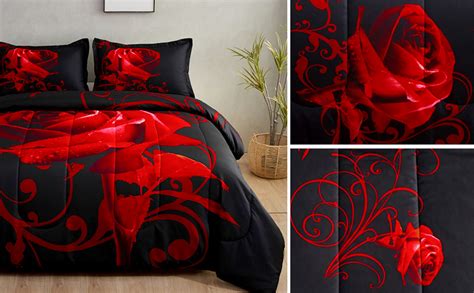 Amazon Com Red Comforter Set Queen Reversible Red Rose Pattern Printed