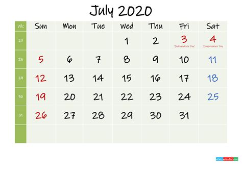 July 2020 Calendar With Holidays Printable Template K20m295