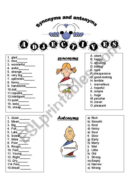 Synonyms And Antonyms Adjectives Esl Worksheet By Indca