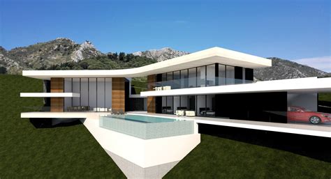 Modern house with garden swimming pool and wooden deck. Design - Modern Villas