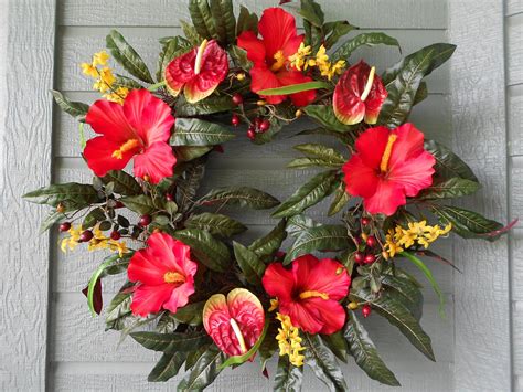 Tropical Wreath In Bright Red Hibiscus And