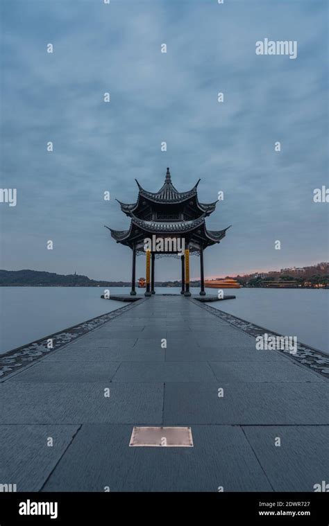 Sunset View Of Jixian Pavilion The Historic Landmark In At West Lake