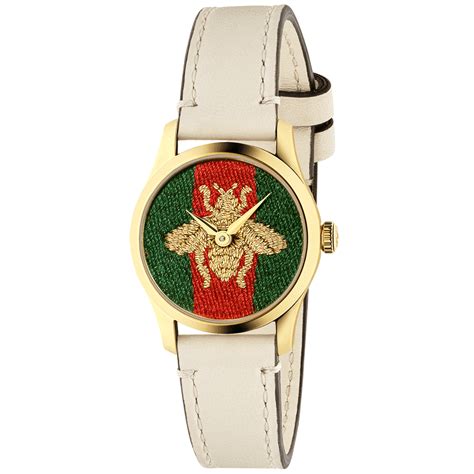 g timeless 27mm yellow gold pvd red and green bee dial white leather calf strap watch
