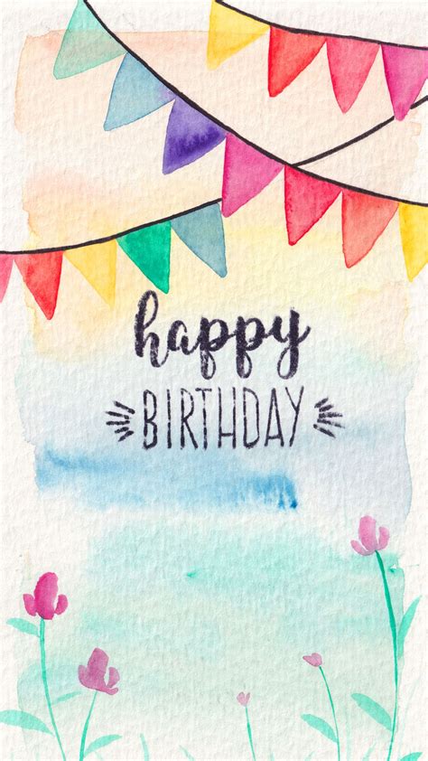 A Watercolor Painting With The Words Happy Birthday On It And Bunting Flags In The Background