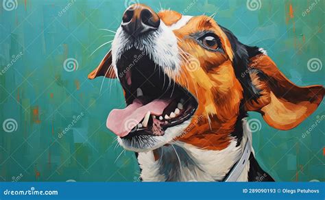 A Painting Of A Dog With Its Mouth Open And Tongue Out Stock