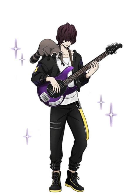 An Anime Character Holding A Purple Guitar And Wearing Black Pants