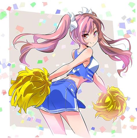 An Anime Character With Long Pink Hair And Blue Outfit Holding A Cheerleader Pom Pom