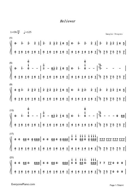 Believer Imagine Dragons Numbered Musical Notation Preview