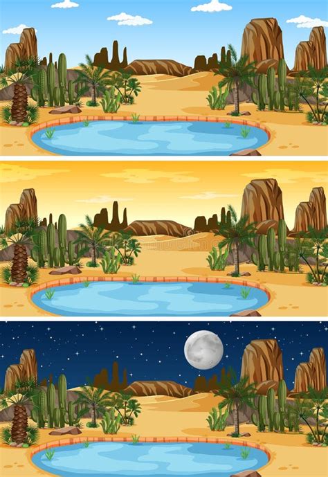 Desert Nature Landscape Scene At Different Times Of Day Stock Vector