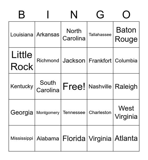 Southeast Region States And Capitals Bingo Card