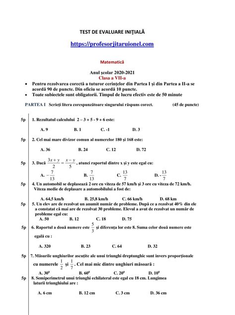 Clasa A 7 A Test Initial La Matematica Cu Rezolvare Programa In