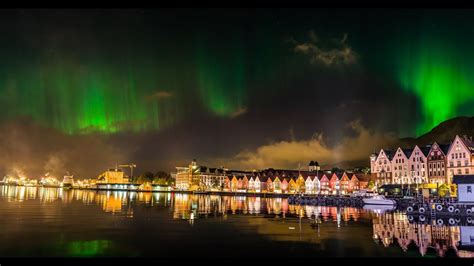 Timelapse Northern Lights Over The Wharf In Bergen