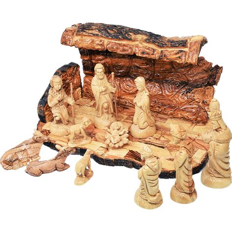 Wooden Christmas Manger 12pc Cave Nativity Set Made In Israel