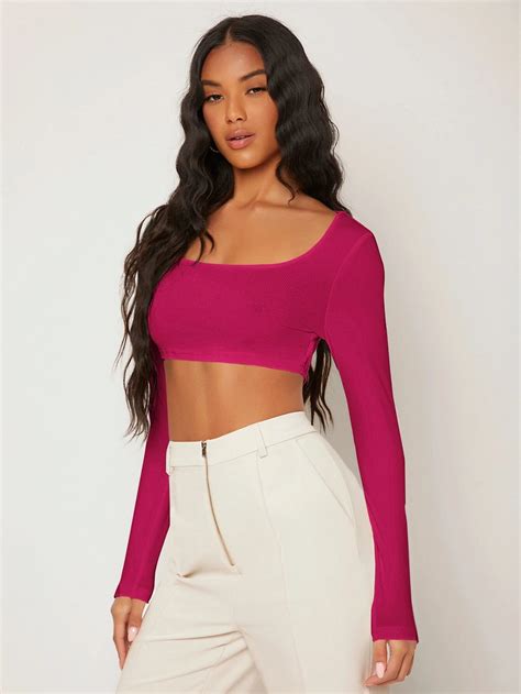 BASICS Top Corto De Cuello Scoop Unicolor Rosa Fucsia Yaxa Guatemala