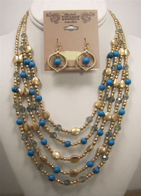 Nine West Vintage America Turquoise Gold Tone Bead Necklace Earring