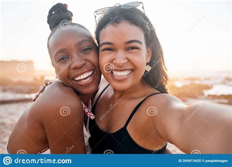 Women Portrait And Selfie Of Friends At Beach Outdoors Bonding