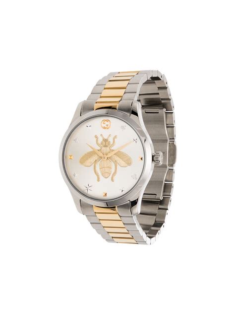 Gucci 38mm G Timeless Two Tone Bee Motif Watch In Silver Modesens