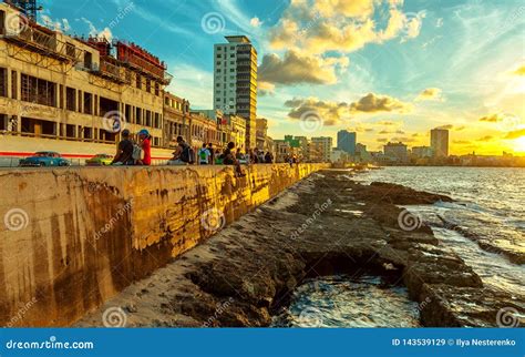 Setting Sun At The Malecon In Havana Editorial Stock Image Image Of