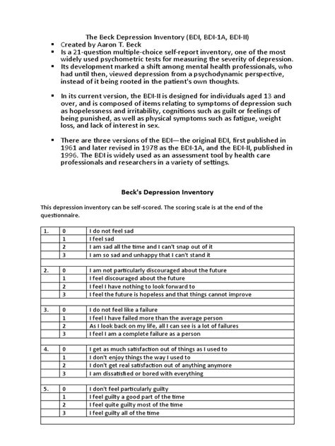 Becks Depression Inventory 0 1 Pdf Health Care Psychology