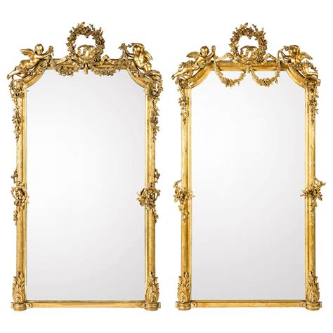 Monumental Pair Of Large Scale Antique French Gilt Golden Mirrors At