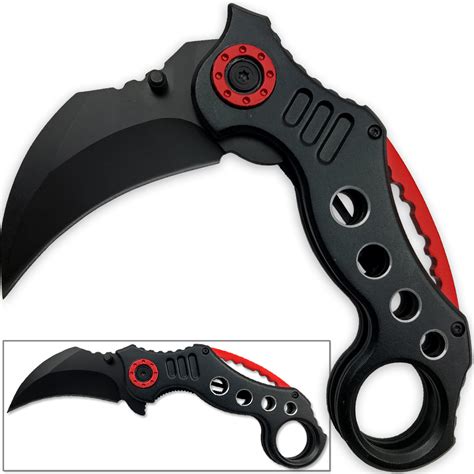 Tactical Extreme Karambit Knife Spring Assisted Blade Black Red Handle