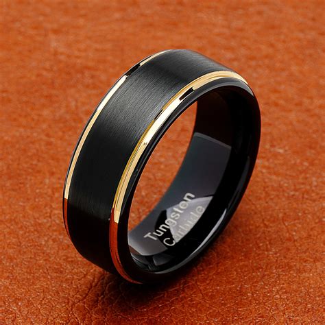 Tungsten Ring For Men Two Tone Black Gold Wedding Band Center Brushed