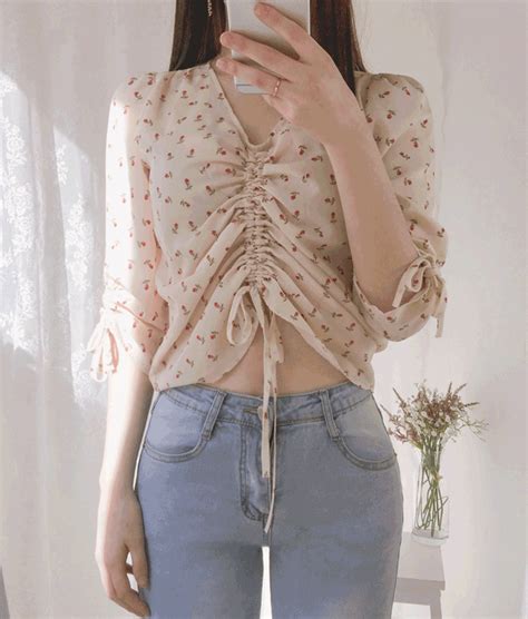Romantic Musefloral Drawstring Front Blouse Mixxmix Teenage Fashion Outfits Spring Outfits