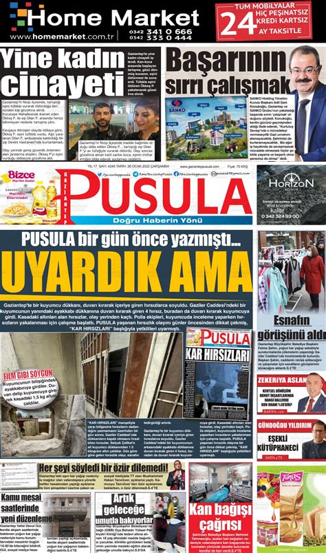 26 Ocak 2022 tarihli Gaziantep Pusula Gazete Manşetleri