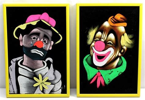 Pair Of Vintage Clown Black Velvet Paintings Signed 18x125 Velvet