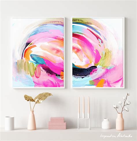 Vibrant Abstract Paintings Set Of Two Prints Colourful Wall Etsy Uk